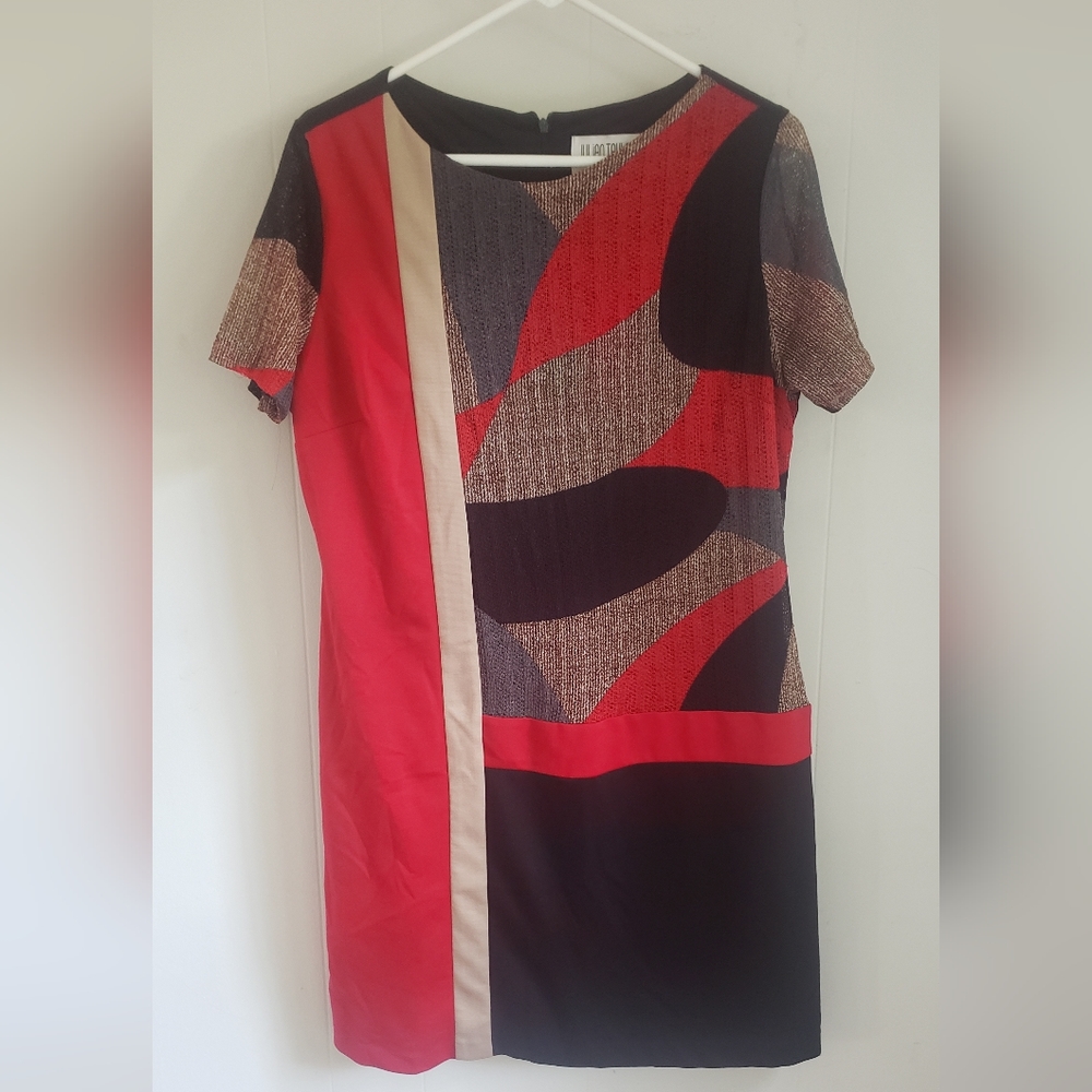 JULIAN TAYLOR, black, red and other colors dress, size 14 short.
